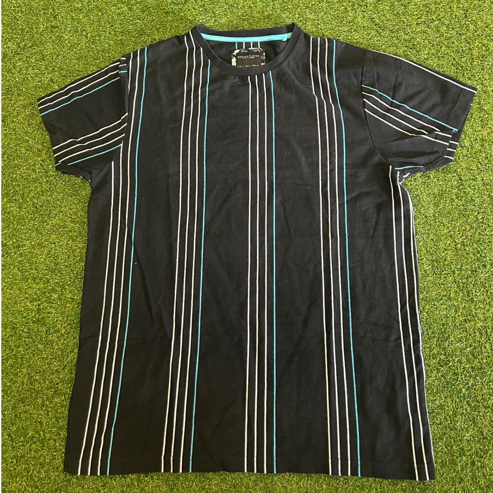 Denim & Flower Ricky Singh Mens Large Black Vertical Stripe Short Sleeve T-Shirt